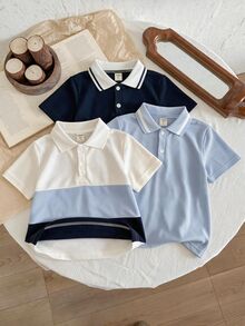 SHEIN Kids Young Boy 3pcs Solid Color Knit Short Sleeve Tops, Casual And Comfortable - Blue - View 6
