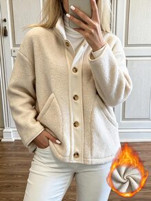 SHEIN LUNE Women's Summer Casual Daily Lamb Wool Solid Color Loose Minimalist Sleeveless Vest Regular Outerwear Suitable For Home Everyday Going Out Cream White - Apricot - View 8