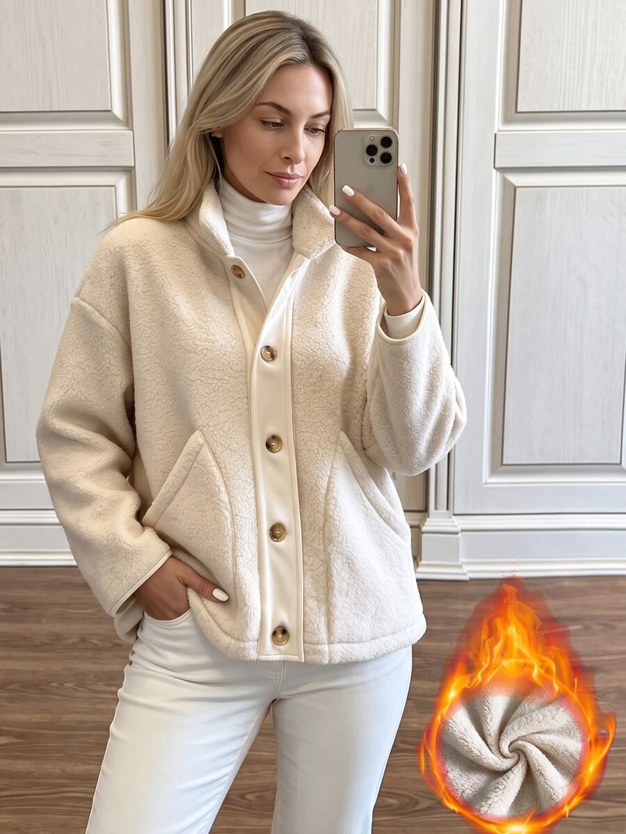 SHEIN LUNE Women's Summer Casual Daily Lamb Wool Solid Color Loose Minimalist Sleeveless Vest Regular Outerwear Suitable For Home Everyday Going Out Cream White - Apricot - View 1