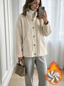 SHEIN LUNE Women's Summer Casual Daily Lamb Wool Solid Color Loose Minimalist Sleeveless Vest Regular Outerwear Suitable For Home Everyday Going Out Cream White - Apricot - View 5