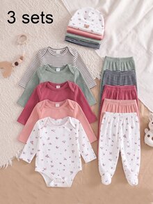 SHEIN Vintaside Kids 3套新生兒長袖連身衣附足套褲，針織舒適柔軟羅紋，深紅、粉紅與碎花，新生兒最佳禮物，百搭時尚，可愛俏皮，極簡首選 - 彩色 - 查看 7