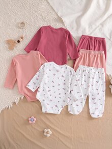 SHEIN Vintaside Kids 3套新生兒長袖連身衣附足套褲，針織舒適柔軟羅紋，深紅、粉紅與碎花，新生兒最佳禮物，百搭時尚，可愛俏皮，極簡首選 - 彩色 - 查看 3
