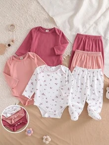 SHEIN Vintaside Kids 3套新生兒長袖連身衣附足套褲，針織舒適柔軟羅紋，深紅、粉紅與碎花，新生兒最佳禮物，百搭時尚，可愛俏皮，極簡首選 - 彩色 - 查看 2