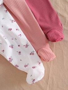 SHEIN Vintaside Kids 3套新生兒長袖連身衣附足套褲，針織舒適柔軟羅紋，深紅、粉紅與碎花，新生兒最佳禮物，百搭時尚，可愛俏皮，極簡首選 - 彩色 - 查看 8