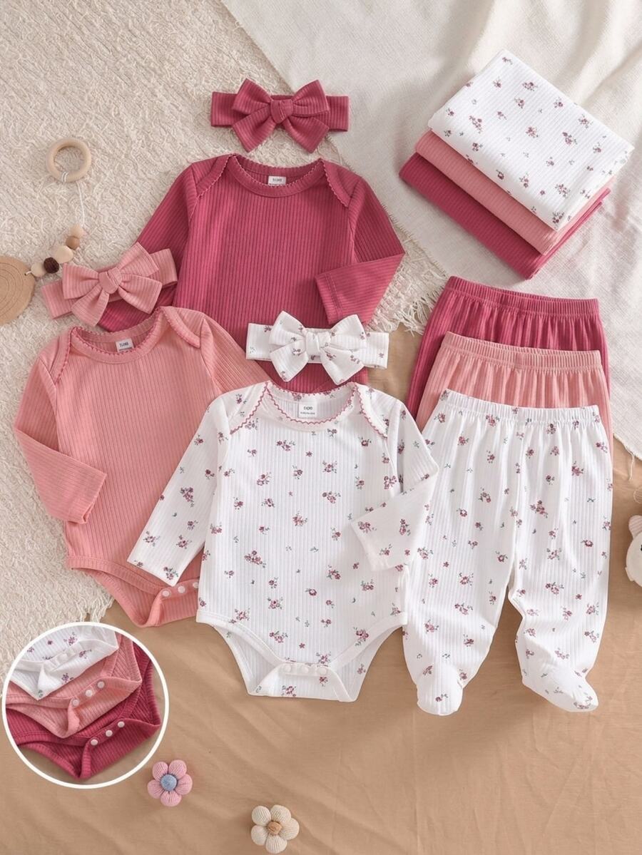 SHEIN Vintaside Kids 3套新生兒長袖連身衣附足套褲，針織舒適柔軟羅紋，深紅、粉紅與碎花，新生兒最佳禮物，百搭時尚，可愛俏皮，極簡首選 - 彩色 - 查看 1