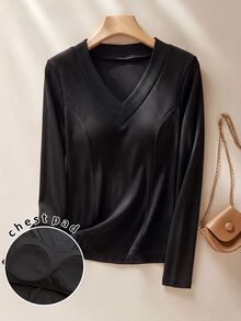 Rusticease Middle-Aged Women V-Neck Casual Versatile Daily Wear T-Shirt - Black - View 1