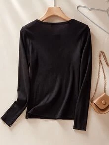 Rusticease Solid Color Long Sleeve T-Shirt For Middle-Aged And Elderly Women, Casual Daily Wear - Black - View 2
