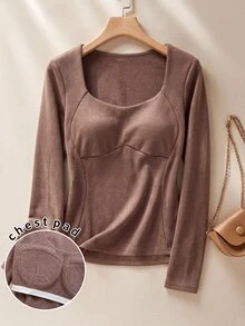 Rusticease Middle-Aged Women Solid Color Casual Daily Long Sleeve T-Shirt - Chocolate Brown - View 1