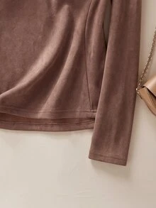 Rusticease Middle-Aged Women Solid Color Casual Daily Long Sleeve T-Shirt - Chocolate Brown - View 5