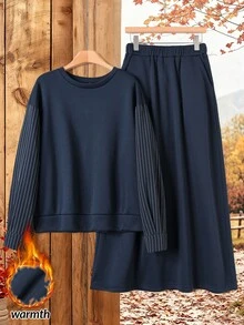 Rusticease Women's Autumn Casual Striped Patchwork Top And Skirt 2 Pieces Set - Navy Blue - View 1