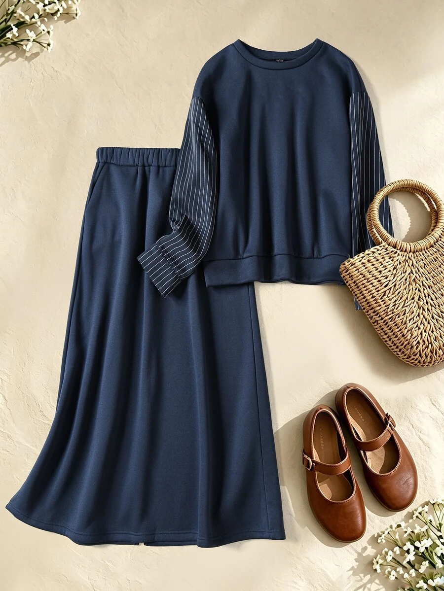 Rusticease Women's Autumn Casual Striped Patchwork Top And Skirt 2 Pieces Set - Navy Blue - View 1