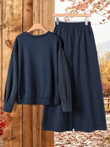 Rusticease Women's Autumn Casual Striped Patchwork Top And Skirt 2 Pieces Set - Navy Blue - View 2