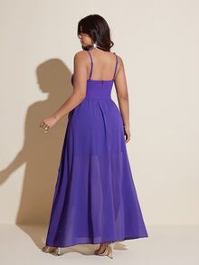 Viva Relle Plus Size Women's Elegant Sexy Dark Purple Summer Formal Chiffon Maxi Dress,Spaghetti Strap Ruffle Hem High Slit,Party Evening Cocktail,Wedding - Purple - View 2