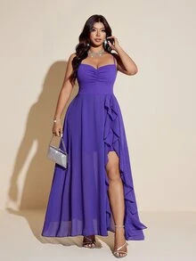 Viva Relle Plus Size Women's Elegant Sexy Dark Purple Summer Formal Chiffon Maxi Dress,Spaghetti Strap Ruffle Hem High Slit,Party Evening Cocktail,Wedding - Purple - View 4