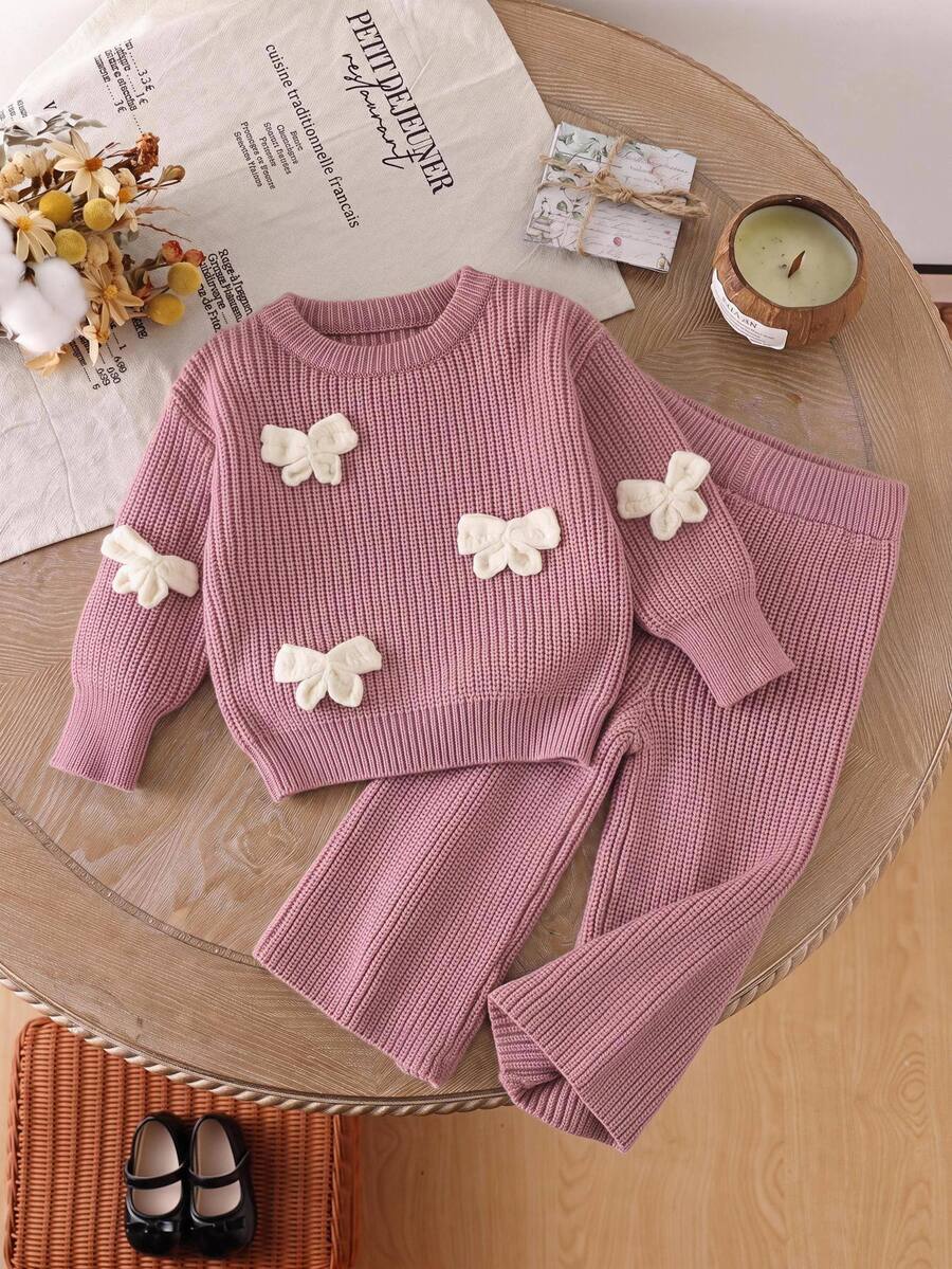 LMoss Kids Baby Girl Knitted Solid Color Round Neck Patchwork Contrast Color 3D Bow Casual Sweater & Long Autumn Pants 2 Pieces Set - Dusty Pink - View 1