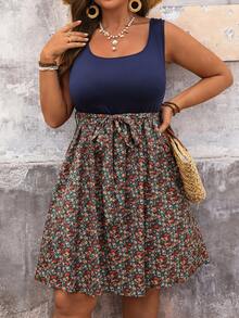SHEIN VCAY Plus Size Women Leisure Holiday Floral Patchwork Dress Summer Outfits For Country Rave Festival Size,Beach Sundress,Holiday Boho,Summer Navy Blue - Navy Blue - View 5