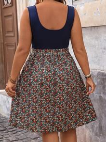 SHEIN VCAY Plus Size Women Leisure Holiday Floral Patchwork Dress Summer Outfits For Country Rave Festival Size,Beach Sundress,Holiday Boho,Summer Navy Blue - Navy Blue - View 2
