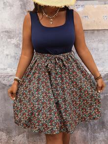 SHEIN VCAY Plus Size Women Leisure Holiday Floral Patchwork Dress Summer Outfits For Country Rave Festival Size,Beach Sundress,Holiday Boho,Summer Navy Blue - Navy Blue - View 7