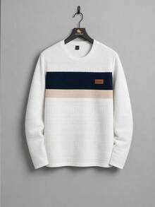 EGENSIO Men's Autumn Casual Colorblock Patchwork Long Sleeve T-Shirt - White - View 7