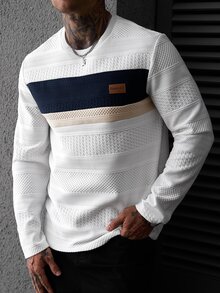 EGENSIO Men's Autumn Casual Colorblock Patchwork Long Sleeve T-Shirt - White - View 3