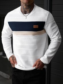 EGENSIO Men's Autumn Casual Colorblock Patchwork Long Sleeve T-Shirt - White - View 9