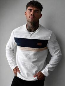 EGENSIO Men's Autumn Casual Colorblock Patchwork Long Sleeve T-Shirt - White - View 1