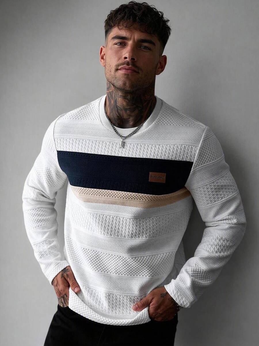 EGENSIO Men's Autumn Casual Colorblock Patchwork Long Sleeve T-Shirt - White - View 1