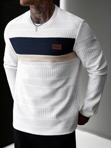 EGENSIO Men's Autumn Casual Colorblock Patchwork Long Sleeve T-Shirt - White - View 4