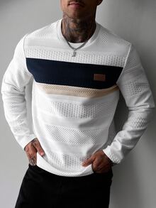 EGENSIO Men's Autumn Casual Colorblock Patchwork Long Sleeve T-Shirt - White - View 2