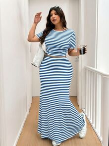 Solflare 2件組女款休閒甜美風度假藍白配色T恤與長裙套裝，大尺碼夏季款 - 藍色 - 查看 4