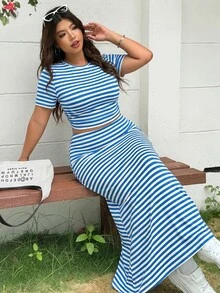 Solflare 2件組女款休閒甜美風度假藍白配色T恤與長裙套裝，大尺碼夏季款 - 藍色 - 查看 3