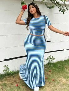 Solflare 2件組女款休閒甜美風度假藍白配色T恤與長裙套裝，大尺碼夏季款 - 藍色 - 查看 7