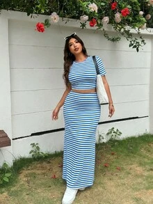 Solflare 2件組女款休閒甜美風度假藍白配色T恤與長裙套裝，大尺碼夏季款 - 藍色 - 查看 6