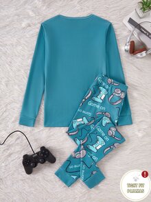 1 Set Tween Boys' Long Sleeve Top & Long Pants Slim Fit Pajama Loungewear Set, New Arrival With Game Console, Snug Fit Autumn/Winter Pajamas - Green - View 2