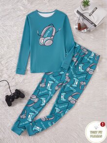 1 Set Tween Boys' Long Sleeve Top & Long Pants Slim Fit Pajama Loungewear Set, New Arrival With Game Console, Snug Fit Autumn/Winter Pajamas - Green - View 4