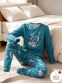 1 Set Tween Boys' Long Sleeve Top & Long Pants Slim Fit Pajama Loungewear Set, New Arrival With Game Console, Snug Fit Autumn/Winter Pajamas - Green - View 6