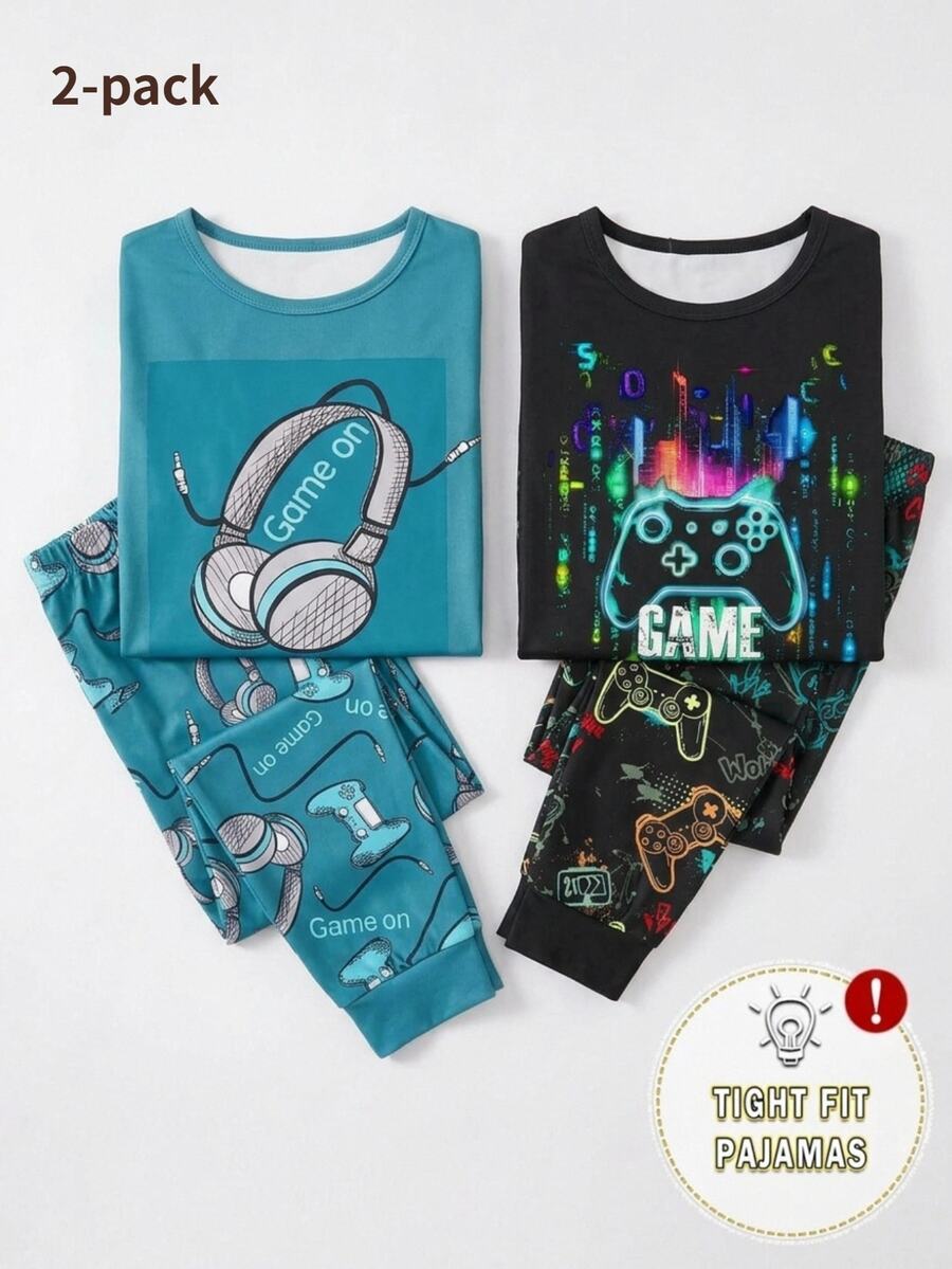 1 Set Tween Boys' Long Sleeve Top & Long Pants Slim Fit Pajama Loungewear Set, New Arrival With Game Console, Snug Fit Autumn/Winter Pajamas - Green - View 1