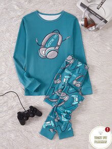 1 Set Tween Boys' Long Sleeve Top & Long Pants Slim Fit Pajama Loungewear Set, New Arrival With Game Console, Snug Fit Autumn/Winter Pajamas - Green - View 3