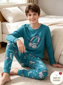 1 Set Tween Boys' Long Sleeve Top & Long Pants Slim Fit Pajama Loungewear Set, New Arrival With Game Console, Snug Fit Autumn/Winter Pajamas - Green - View 5