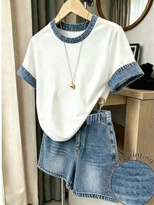 Kids Tween Girl Casual Modest Minimalist Short Sleeve Top Shorts 2 Pieces Set Suitable For Summer Primary School School Back-To-School White Blue - Multicolor - View 1