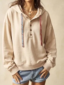 Bohemela Casual Solid Color Knit Hooded Collar Long Sleeve Loose Fit Women's Sweatshirt,Perfect For Fall Vacations, Music Festivals, Daily Wear, Halloween, Par - Apricot - View 5