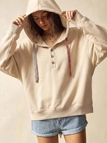Bohemela Casual Solid Color Knit Hooded Collar Long Sleeve Loose Fit Women's Sweatshirt,Perfect For Fall Vacations, Music Festivals, Daily Wear, Halloween, Par - Apricot - View 3