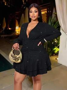 SOLERSUN Plus Size Women's Fashion Elegant Black Sequin Textured Fabric Ruched Fitted Mini Dress With Deep V-Neck, Long Sleeves, Layered Ruffle Hem And Asymmetrical Design, Suitable For Daily Commute, Party, Date, Vacation And Back To School Wear - Black - View 3