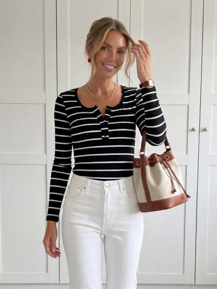 SHEIN LUNE Áo thun nữ Gân đan Nút phía trước Sọc Giải trí - màu đen - Xem 8