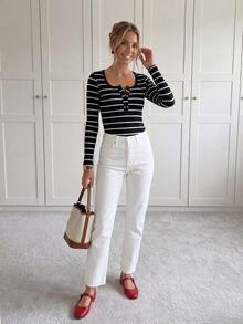 SHEIN LUNE Striped Print Half Button Tee - Black - View 4