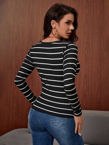 SHEIN LUNE Striped Print Half Button Tee - Black - View 6
