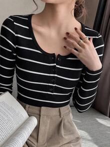 SHEIN LUNE Striped Print Half Button Tee - Black - View 2