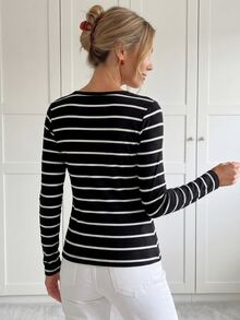 SHEIN LUNE Striped Print Half Button Tee - Black - View 3