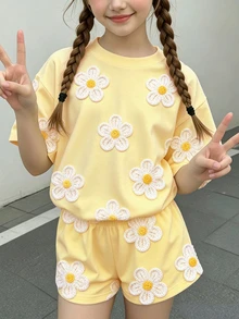 青少年女孩休閒可愛紋理碎花、紫色、鄉村碎花圓領短袖T恤寬鬆短褲兩件套，適合春夏，圖案、舒適、女孩套裝、Y2K、復古、度假、波點 - 彩色 - 查看 2