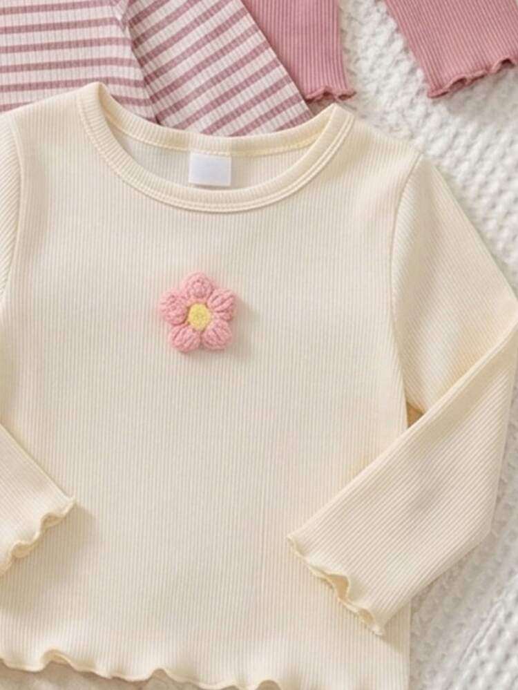 Souflis Souflis 1 Random Pc Girls' Knitted Long Sleeve Top, 3D Crochet Flower Decoration, Wavy Lotus Leaf Cuffs And Hem, Suitable For Autumn Back-To-School School - Apricot - View 6